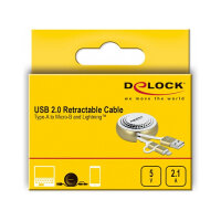 Delock USB 2 in 1 Aufrollkabel Typ-A zu Micro-B und Lightning™ weiß / gold