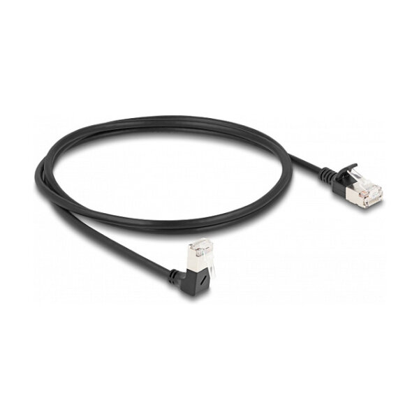Delock RJ45 Netzwerkkabel Cat.6A S/FTP Slim 90° unten gewinkelt / gerade 1 m schwarz