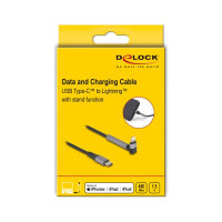 Delock Daten- und Ladekabel USB Type-C™ zu Lightning™ für iPhone™, iPad™, iPod™ gewinkelt mit Ständerfunktion schwarz 1,5 m MFi