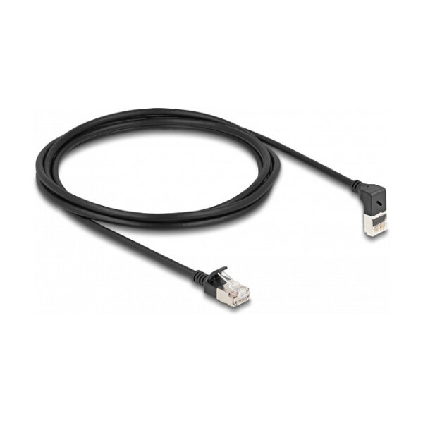 Delock RJ45 Netzwerkkabel Cat.6A S/FTP Slim 90° oben gewinkelt / gerade 2 m schwarz