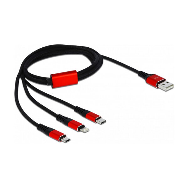 Delock USB Ladekabel 3 in 1 Typ-A zu Lightning™ / Micro USB / USB Type-C™ 1 m schwarz / rot