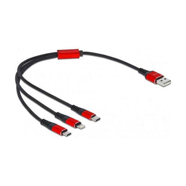 Delock USB Ladekabel 3 in 1 Typ-A zu Lightning™ / 2 x USB Type-C™ 30 cm schwarz / rot