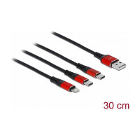 Delock USB Ladekabel 3 in 1 Typ-A zu Lightning™ / 2 x USB Type-C™ 30 cm schwarz / rot