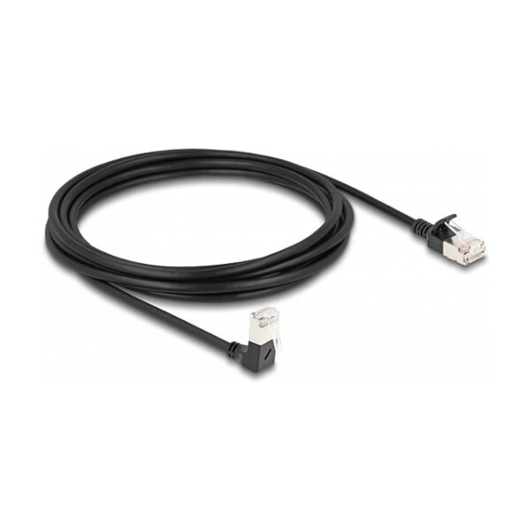 Delock RJ45 Netzwerkkabel Cat.6A S/FTP Slim 90° unten gewinkelt / gerade 3 m schwarz