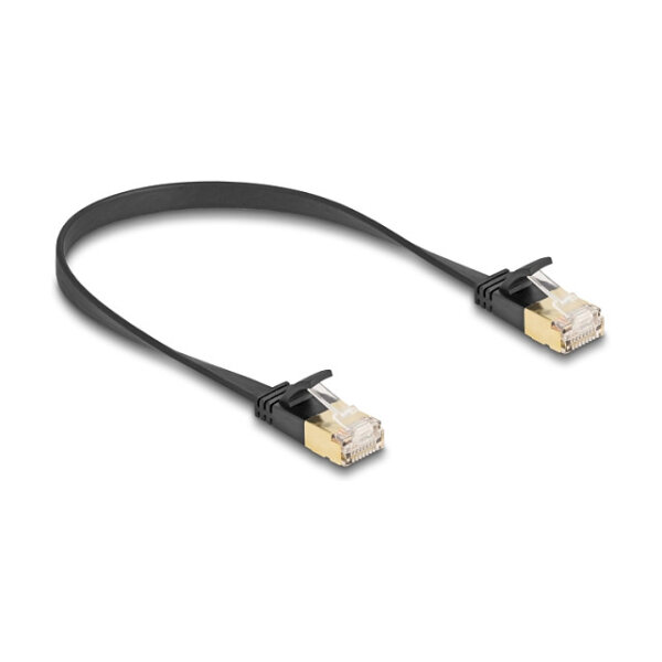 Delock RJ45 Netzwerkkabel Cat.6A Stecker zu Stecker mit robuster Rastnase und Cat.7 Rohflachbandkabel U/FTP 0,3 m schwarz
