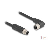 Delock M12 Kabel L-kodiert 4 Pin Stecker gerade zu Buchse rechts gewinkelt PUR schleppkettentauglich 1 m schwarz