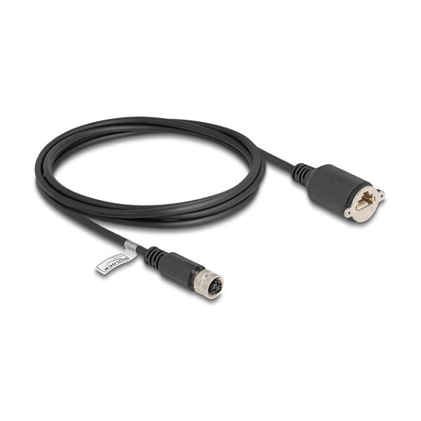 Delock M12 Kabel D-kodiert 4 Pin Buchse zu RJ45 Buchse zum Einbau Cat.5e FTP 2 m schwarz