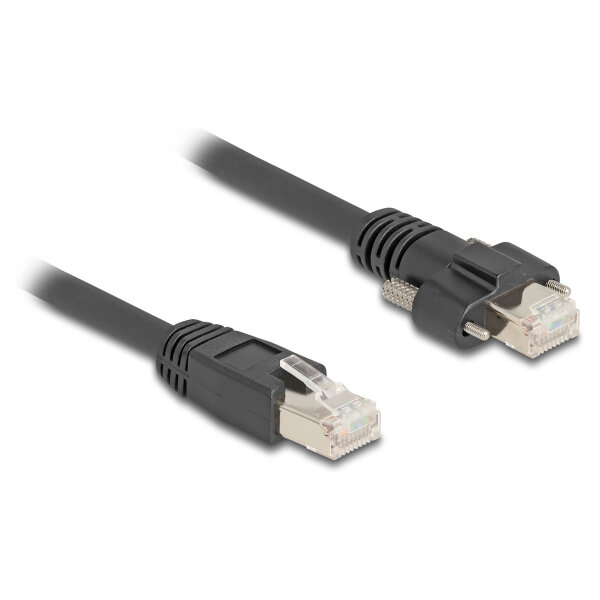 Delock Kabel RJ45 Stecker zu RJ45 Stecker mit Schraubenabstand 20 mm für GigE Kamera Cat.6A S/FTP 1 m schwarz