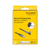 Delock Daten- und Ladekabel USB Typ-A zu Lightning™ für iPhone™, iPad™, iPod™ gewinkelt mit Ständerfunktion schwarz 1,5 m MFi