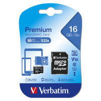 CARD 16GB Verbatim Premium MicroHC 80MB/s +Adapter