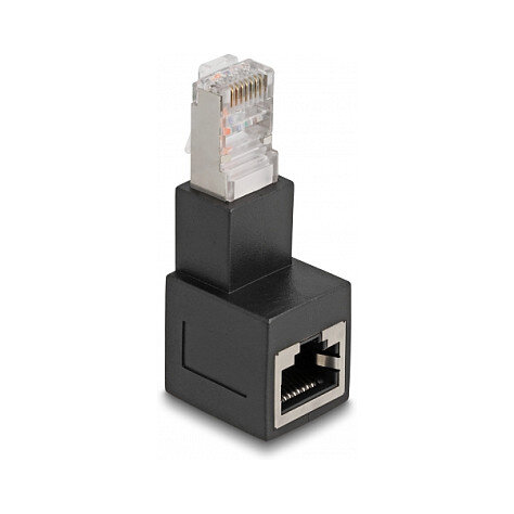 Delock RJ45 Stecker zu RJ45 Buchse Adapter Cat.6A 90° nach unten gewinkelt