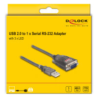 Delock Adapter USB 2.0 Typ-A zu 1 x Seriell RS-232 D-Sub 9 Pin Stecker mit Muttern mit 3 x LED 3 m