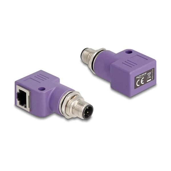Delock M12 Adapter D-kodiert 4 Pin Stecker zu RJ45 Buchse Cat.5e mit Befestigungsloch 90° gewinkelt violett