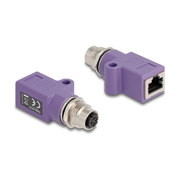 Delock M12 Adapter D-kodiert 4 Pin Buchse zu RJ45 Buchse Cat.5e mit Befestigungsloch gerade violett