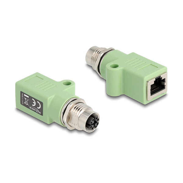 Delock M12 Adapter X-kodiert 8 Pin Buchse zu RJ45 Buchse Cat.5e mit Befestigungsloch gerade grün