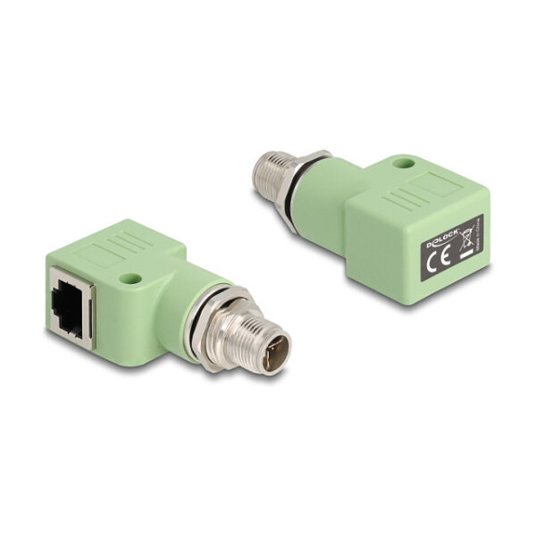 Delock M12 Adapter X-kodiert 8 Pin Stecker zu RJ45 Buchse Cat.5e mit Befestigungsloch 90° gewinkelt grün
