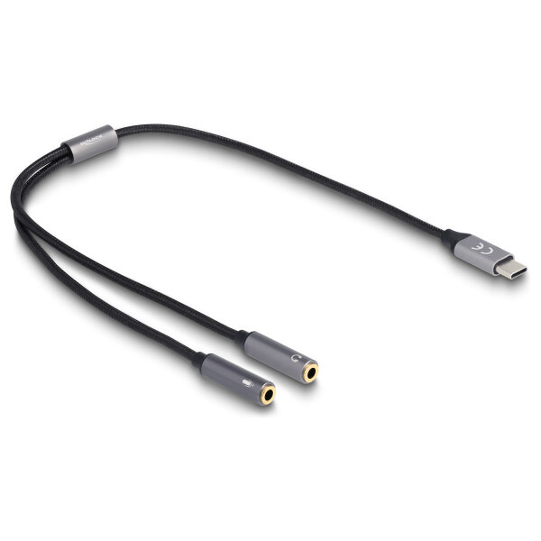 Delock Headset Adapter USB Type-C™ Stecker DAC 24 Bit / 96 kHz Hi-Res zu 2 x 3,5 mm 3 Pin Klinkenbuchse