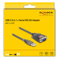 Delock Adapter USB 2.0 Typ-A zu 1 x Seriell RS-232 D-Sub 9 Pin Stecker mit Muttern mit 3 x LED 0,2 m