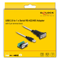 Delock Adapter USB 2.0 Typ-A zu 1 x Seriell RS-422/485 Stecker mit 6 Pin Terminalblock Adapter 5 V 1,8 m