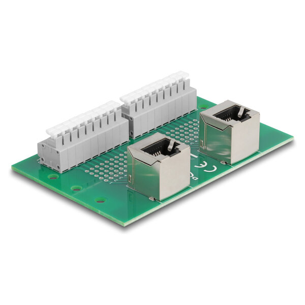 Delock RJ45 2 x Buchse zu 2 x Terminalblock mit Drucktaster für Hutschiene gewinkelt