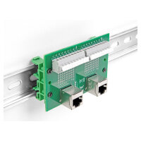 Delock RJ45 2 x Buchse zu 2 x Terminalblock mit Drucktaster für Hutschiene gewinkelt