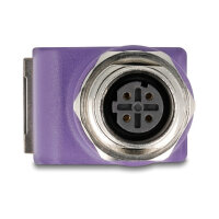 Delock M12 Adapter D-kodiert 4 Pin Buchse zu RJ45 Buchse Cat.5e mit Befestigungsloch 90° gewinkelt violett