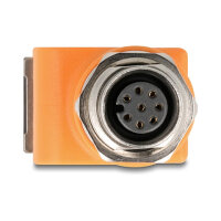 Delock M12 Adapter A-kodiert 8 Pin Buchse zu RJ45 Buchse Cat.5e mit Befestigungsloch 90° gewinkelt orange