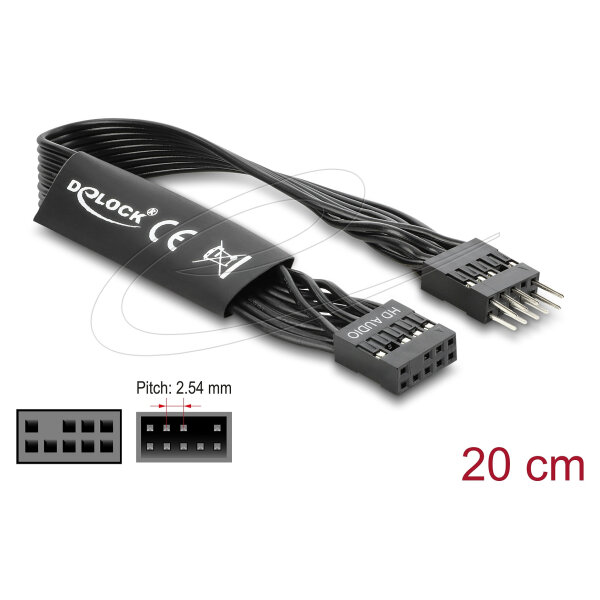 Delock HD Audio Flachbandkabel Mainboard Verlängerungskabel 9 Pin Pfostenstecker zu Pfostenbuchse 20 cm schwarz