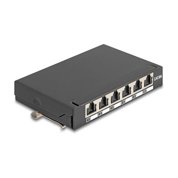 Delock Mini Desktop Patchpanel RJ45 Buchse 6 Port Cat.6A geschirmt schwarz - zur Montage an Tisch, Wand oder Hutschiene