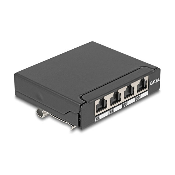 Delock Mini Desktop Patchpanel RJ45 Buchse 4 Port Cat.6A geschirmt schwarz - zur Montage an Tisch, Wand oder Hutschiene