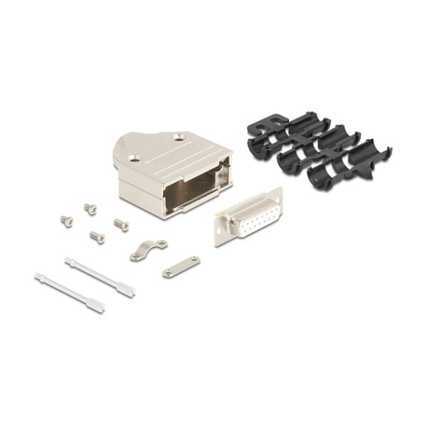 Sub-D Steckergehäuse 15 Pin aus Metall inklusive Steckerverbinder Buchse und Montagematerial