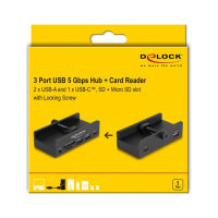 Externer USB 5 Gbps 3 Port Hub 2 x USB Typ-A, 1 x USB Type-C™ und 2 Slot Card Reader mit Feststellschraube