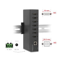 Industrie Hub 7 x USB 2.0 Typ-A mit 15 kV ESD Schutz und Hutschienenbefestigung