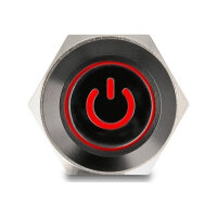 Druckschalter zum Einbau schwarz 16 mm 12 V 5 x Lötanschluss LED rot Powersymbol + Ring