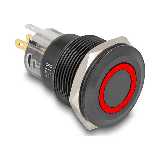 Druckschalter zum Einbau schwarz 22 mm 12 V 5 x Lötanschluss LED rot Ring
