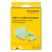 Delock Card Reader USB 5 Gbps USB Type-C™ / Typ-A für SD und Micro SD Speicherkarten mit praktischem Speicherkarten Etui - mint