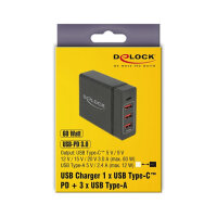 Delock USB Ladegerät 1 x USB Type-C™ PD 3.0 + 3 x USB Typ-A 60 W + 12 W