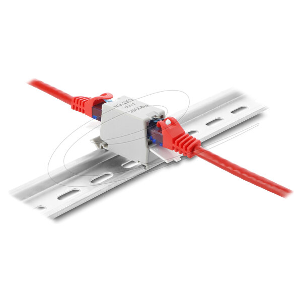 Delock RJ45 Kupplung Cat.6A Buchse zu Buchse mit Staubschutzklappe für Hutschienen Montage geschirmt grau / weiß