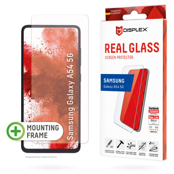 DISPLEX Panzerglas 2D/ Clear (10H) für Samsung Galaxy A54 5G Eco-Montagerahmen, Tempered Glas, kratzer-resistente Schutzfolie, hüllenfreundlich