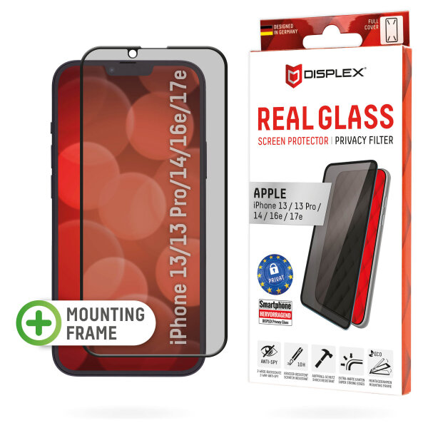 DISPLEX Privacy Full Cover Panzerglas (10H) für Apple iPhone 13/13 Pro/14/16e