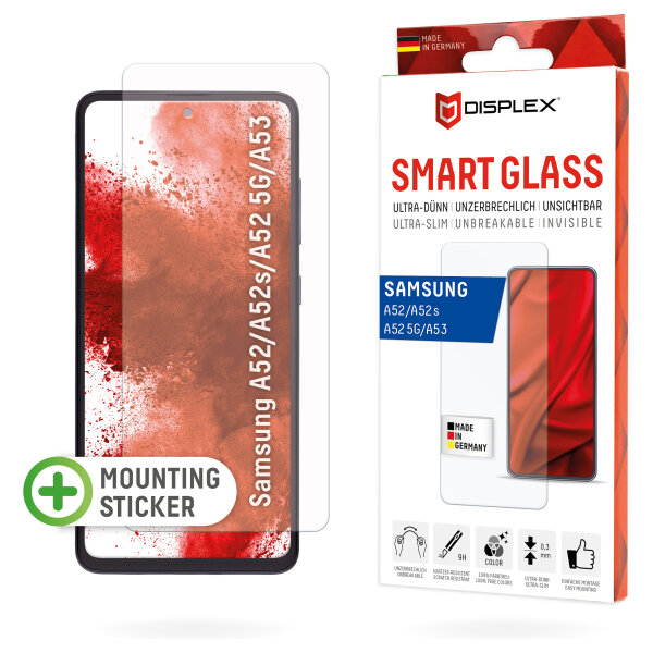 DISPLEX Smart Glass (9H) für Samsung Galaxy A52/A52(s) 5G/A53 5G Montagesticker, unzerbrechlich, ultra-dünn, unsichtbar
