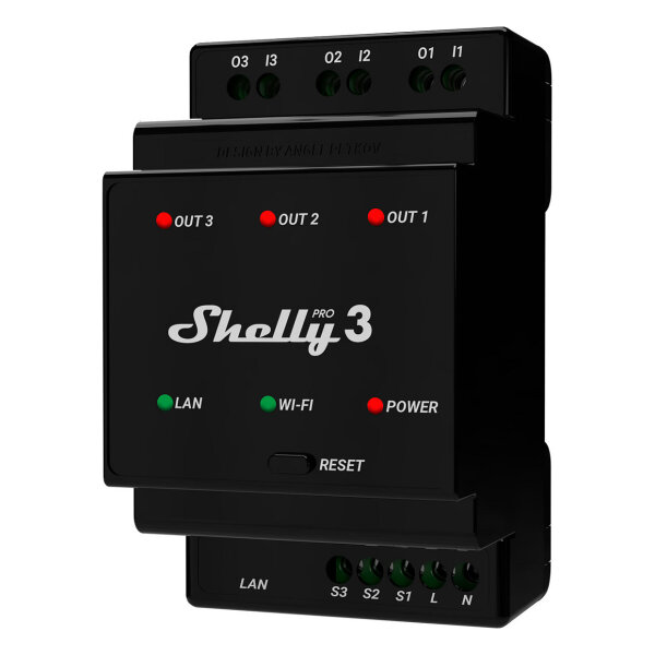 Shelly Relais "Pro 3" WLAN LAN 3x 16A 3 Kanäle 3 Phasen Max. 48A BT DIN-Rail