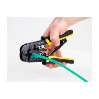 Universelle Crimpzange mit Abisolierer für 8P (RJ45), 6P (RJ12/11) oder 4P Stecker