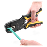 Universelle Crimpzange mit Abisolierer für 10P (RJ50), 8P (RJ45), 6P (RJ12/11), 6P DEC oder 4P Modular Stecker
