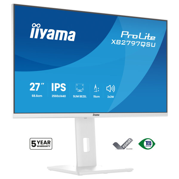 68,5cm/27" (2560x1440) iiyama ProLite XB2797QSU-W1 16:9 WQHD IPS 1ms 75Hz HDMI DisplayPort USB VESA Speaker White