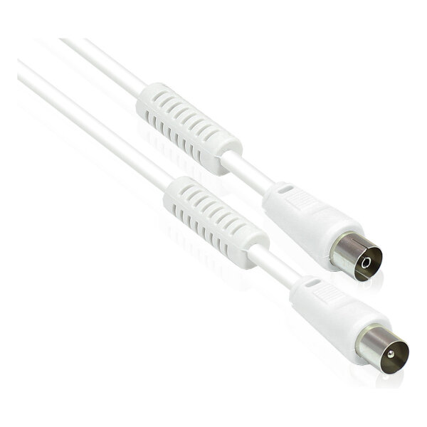 GoodConnections TV Antennenkabel, Koax Stecker an Koax Buchse (vernickelt), 2x Ferritkern, 2x geschirmt, Class A, 95 dB, 75 Ohm, CCS, weiß, 7,5m,