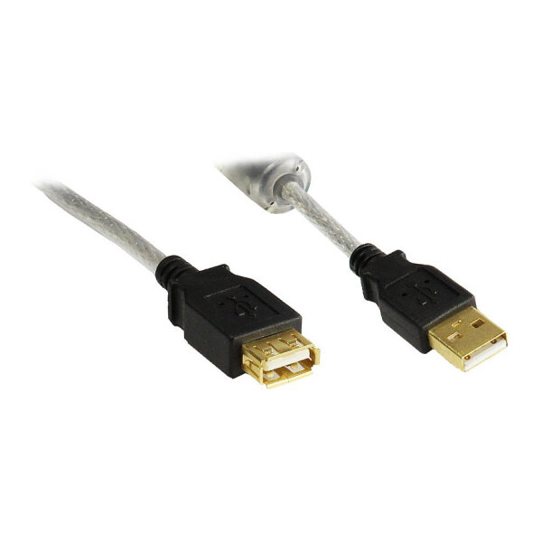 Verlängerung USB 2.0 Stecker A an Buchse A, High Quality mit Ferritkern und Goldkontakten, transparent, 2m,