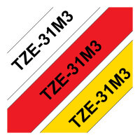 BROTHER TZE31M3 Schriftbandkassette 12mmx8m 3er Pack TZ231 weiss schwarz TZ431 rot schwarz TZ631 gelb schwarz laminiert