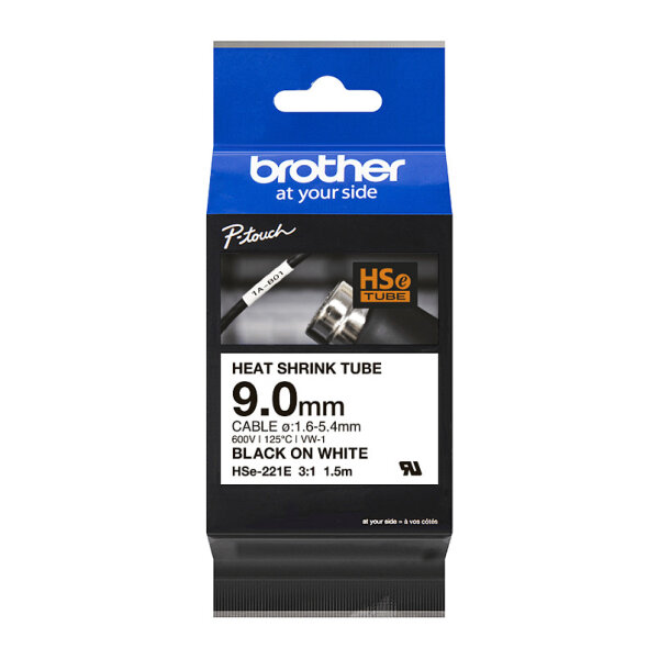 BROTHER HSE-221E Schrumpfschlauchkassette weiss/schwarz 9,0mm 1,5meter