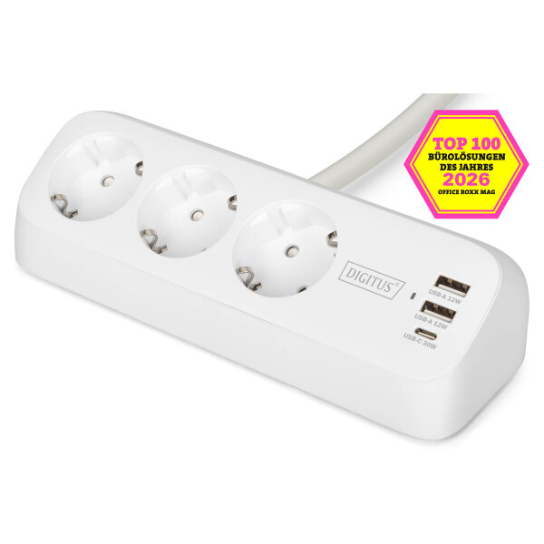 DIGITUS Steckdosenleiste 2x + 2USB 1,5m 12W 30W weiß